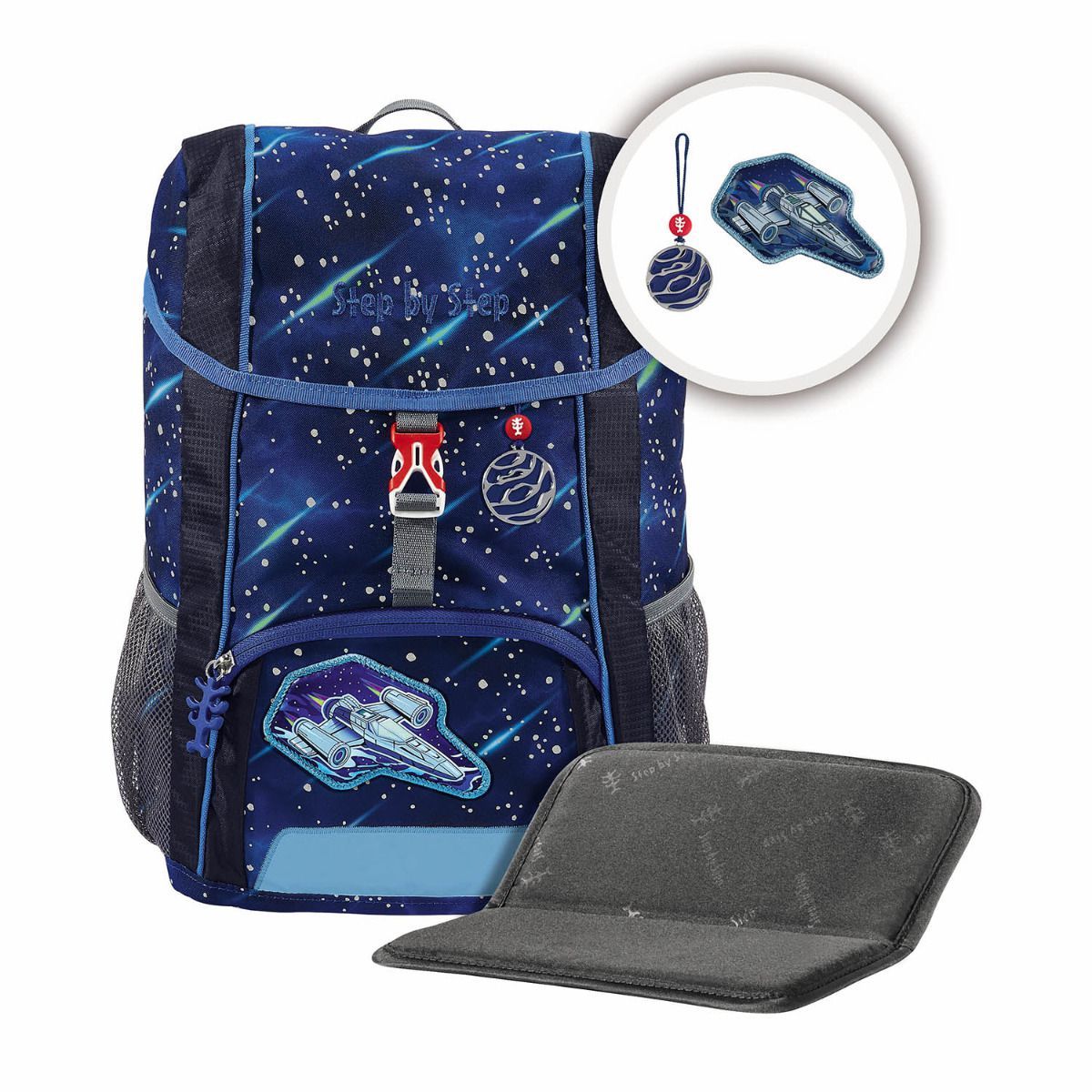 Step by Step Magic MAGS Reflect Star Shuttle Elio, 3 pezzi, motivo riflettente, 2 applicazioni magnetiche e 1 ciondolo, complementari per zaini o zaini, blu-grigio, Star Shuttle Elio – Blu/Grigio
