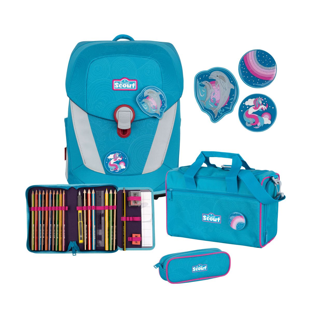 Scout Sunny Delfin Schulranzen lila 2024 + Zubehör + div. geschenkt