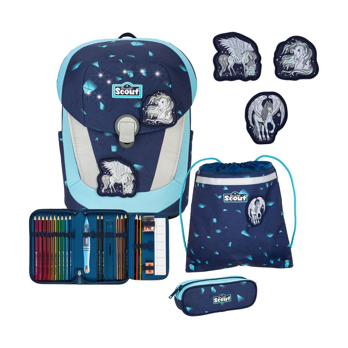 Scout Exklusiv Sunny II LED Pegasus Schulranzen Set 4tlg.