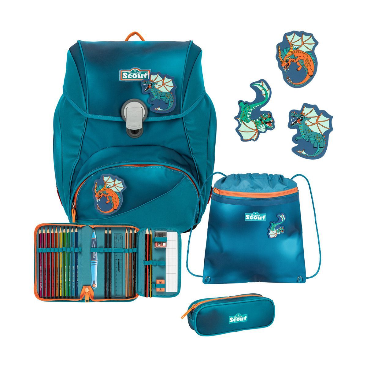Scout Exklusiv Alpha Superflash Seadragon Schulrucksack Set 4tlg.