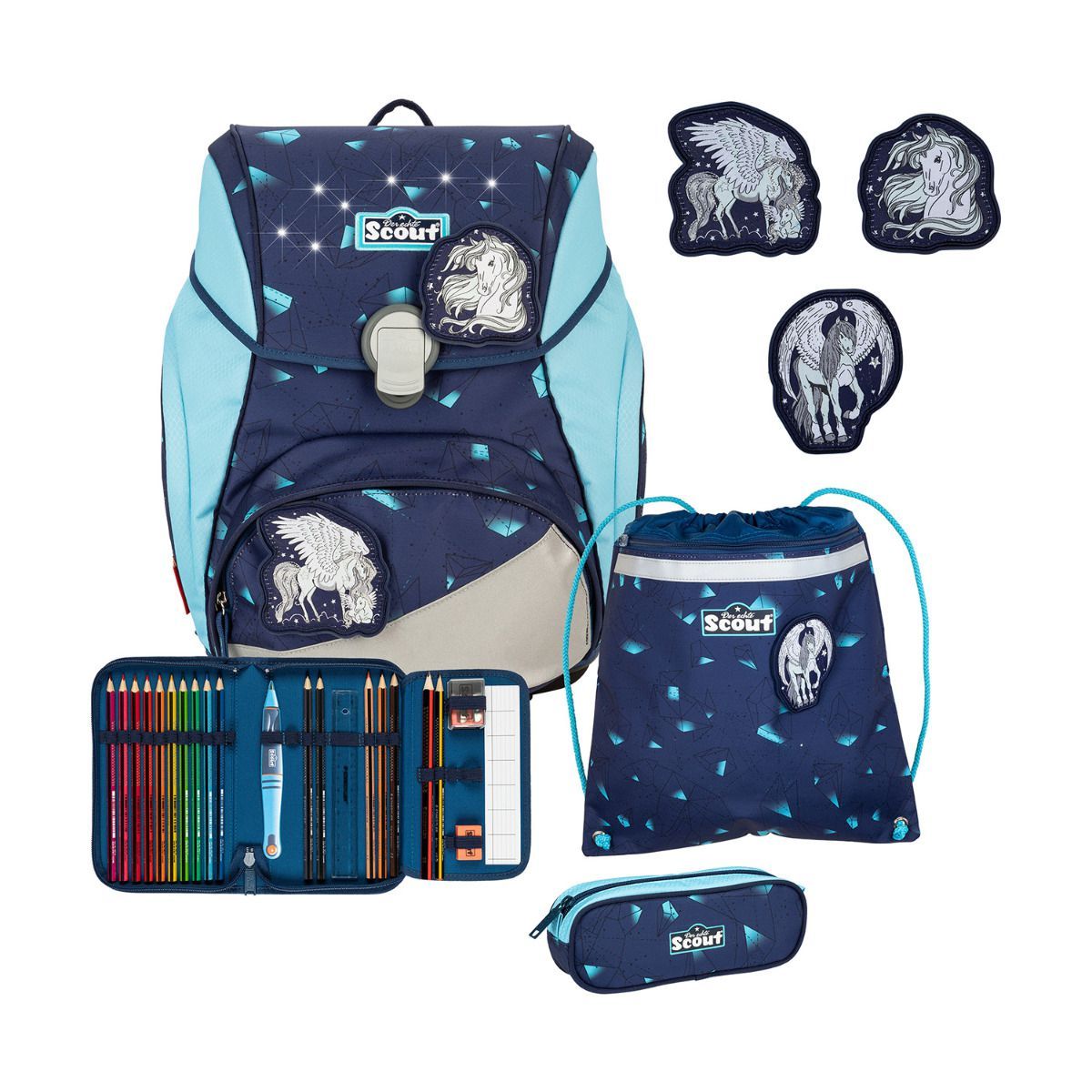 Scout Exklusiv Alpha LED Pegasus Schulrucksack Set 4tlg.