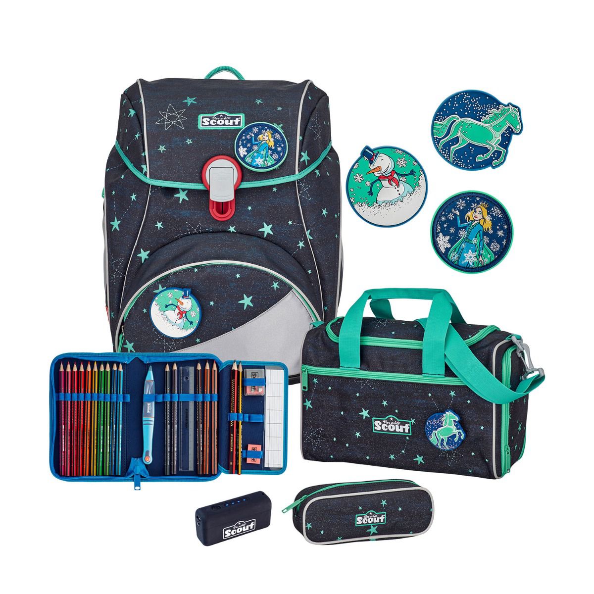Scout Exklusiv Alpha LED Sternenhimmel Funny Snaps Schulranzen Set 4tlg.