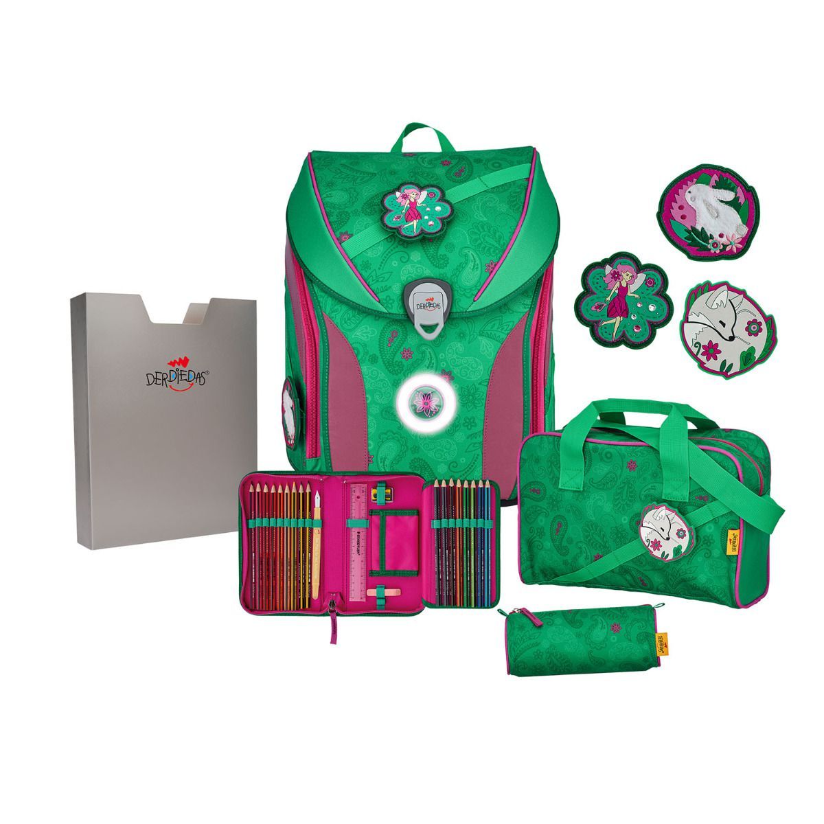 DerDieDas ErgoFlex MAX Exklusiv LED Paisley Green Schulranzen Set 5tlg.