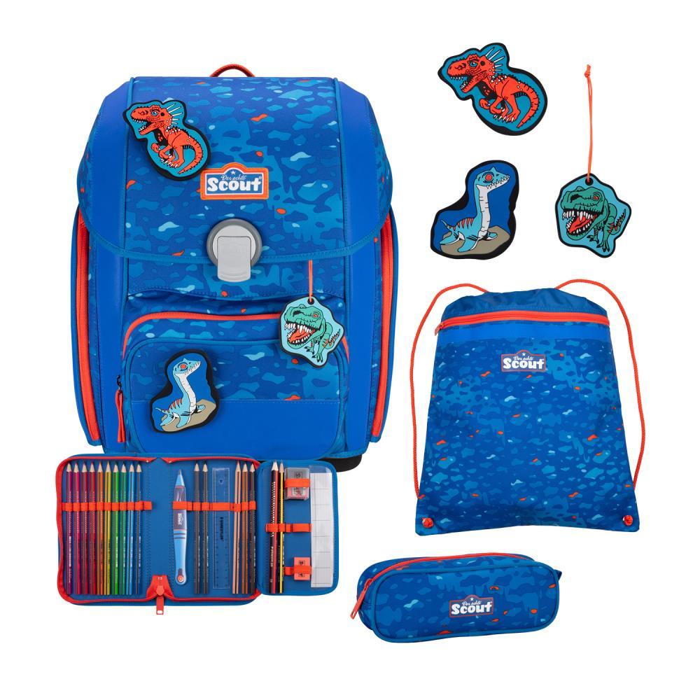 Scout Exklusiv Genius Superflash Blue Dino Schulranzen Set 4tlg.