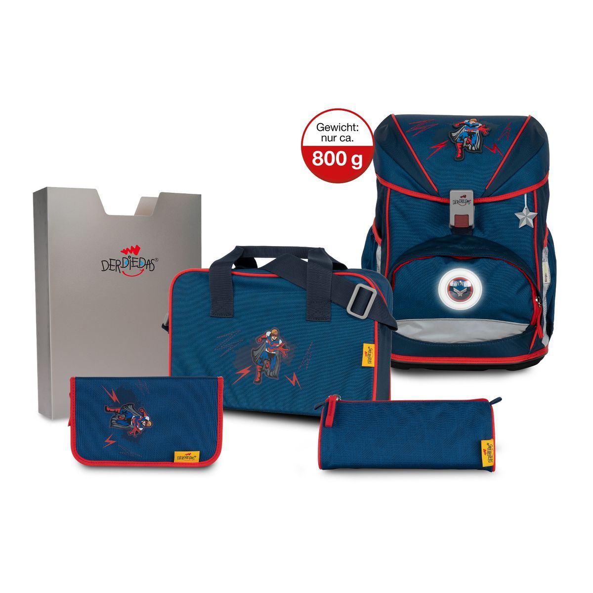 DerDieDas ErgoFlex Exklusiv LED Superheld Schulrucksack Set 5tlg.