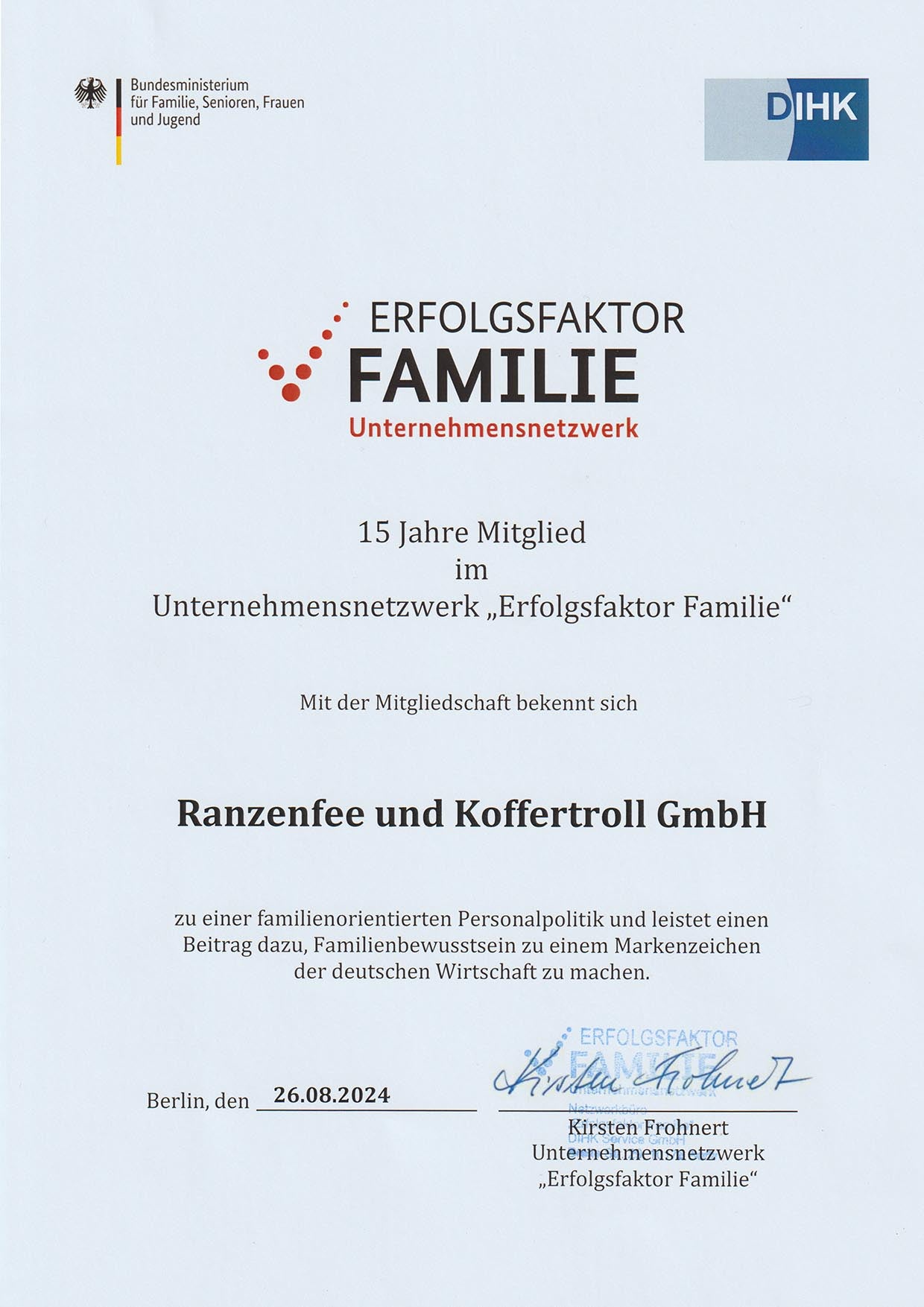 15 Jahre Mitglied im Unternehmensnetzwerk "Erfolgsfaktor Familie"