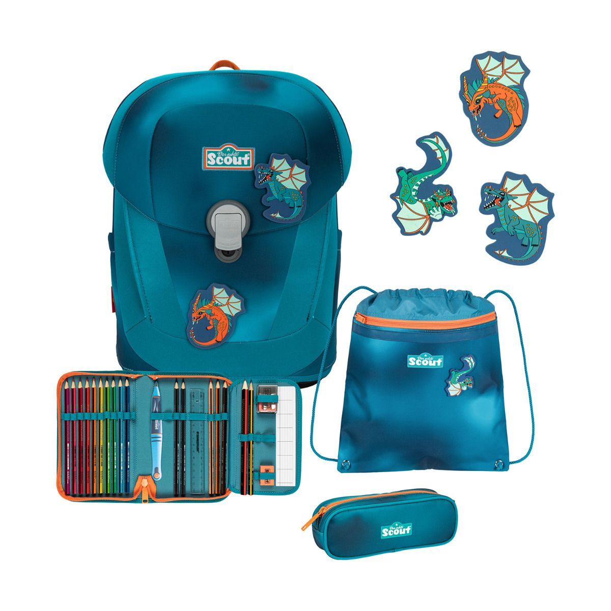 Scout Exklusiv Sunny II Superflash Seadragon Schulranzen Set 4tlg.