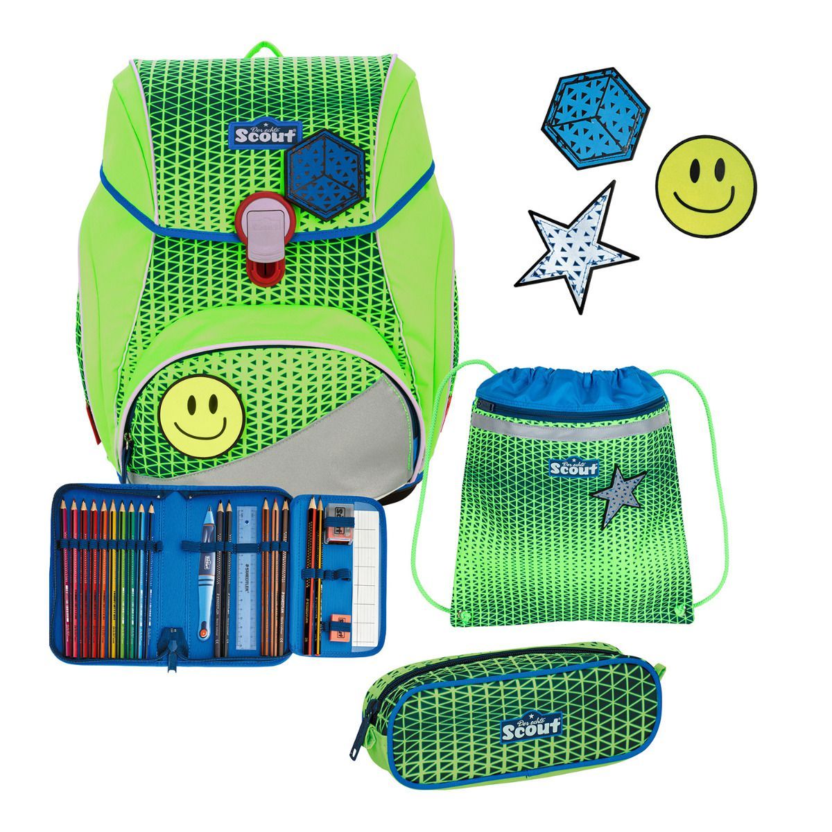 Scout Alpha Green Gecko Neon Safety Schulrucksack Set 4tlg.