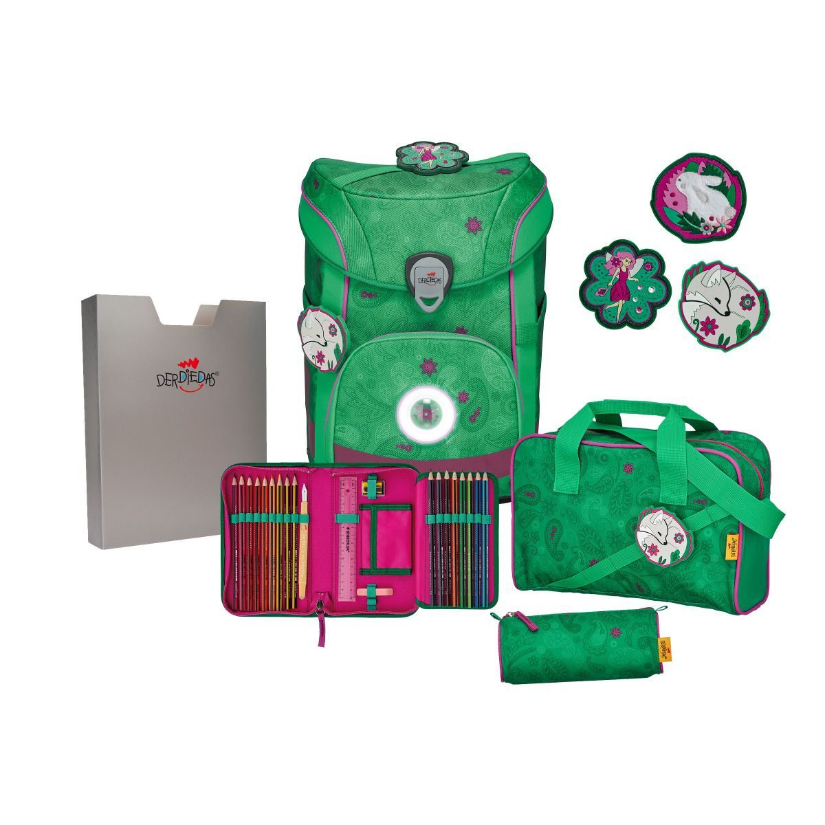 DerDieDas ErgoFlex EASY Exklusiv LED Paisley Green Schulranzen Set 5tlg.