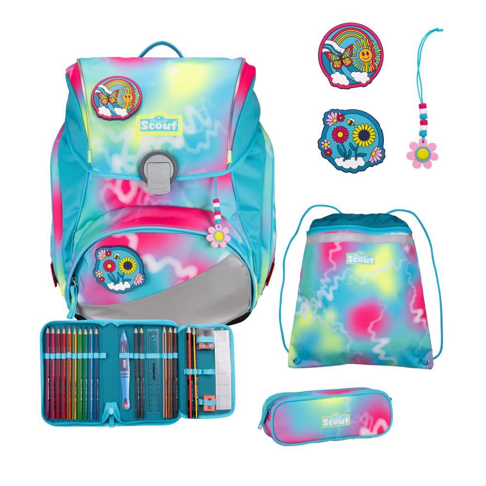 Scout Exklusiv Alpha Safety Light Happy Rainbow Schulrucksack Set 5tlg.