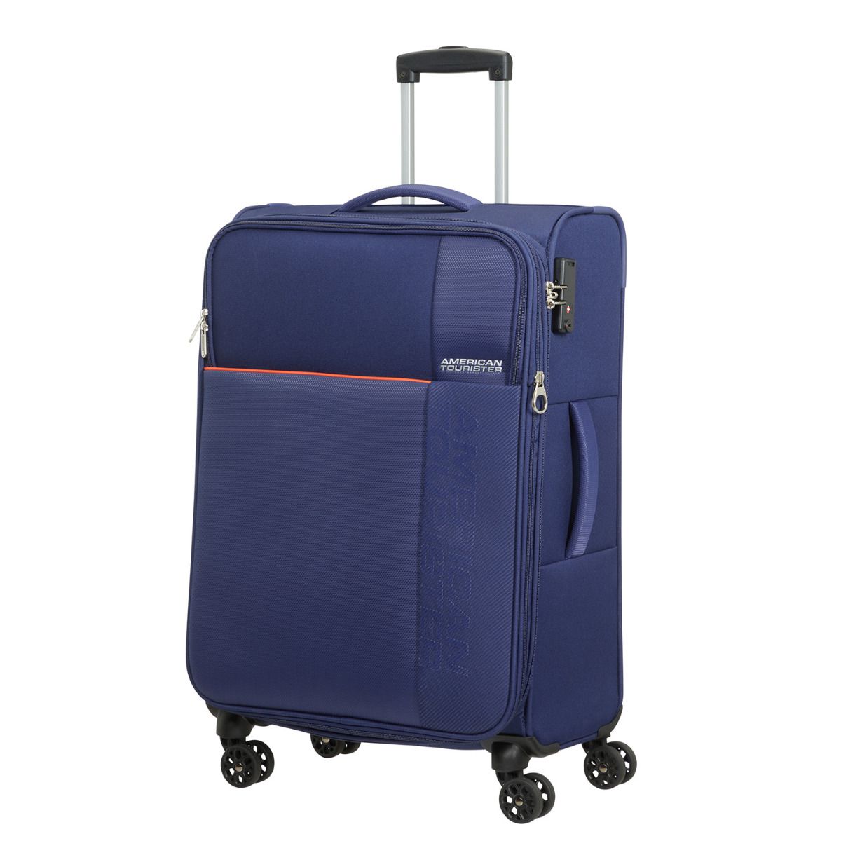 American Tourister Fun Cruise Navy Orange 4 Doppelrollen Trolley M 68cm